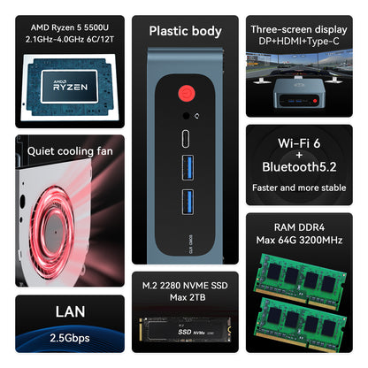 TRIGKEY S5 AMD Ryzen 5 5500U Mini PC, 5500U (6C/12T, Up to 4.0GHz) Micro Computer, 16GB DDR4 3200MHz| 500GB M.2 2280 NVME SSD, Small PC 4K Triple Displays, WiFi 6+BT5.2+2.5G LAN, DP/HDMI/USB3.2 * 3
