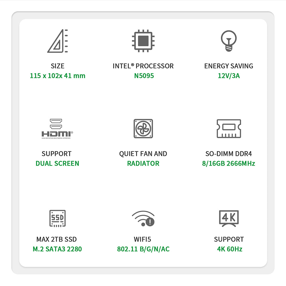 TRIGKEY Mini PC W11 Pro Intel 11th Generation Processors N5095 8G DDR4 128G  M.2 SSD 2280 Green G3 Mini Computer, Support W10 Micro PC/Dual HDMI 4K@60Hz  Triple Screen/WiFi 5/W11 